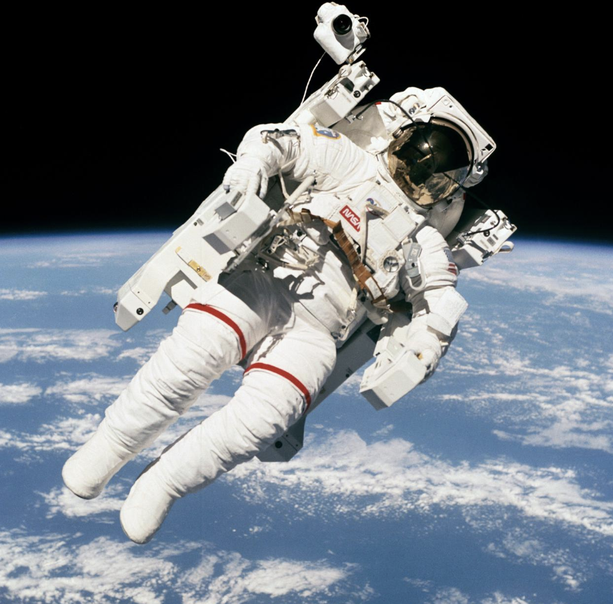 “Bruce McCandless on an untethered spacewalk with only a jetpack to prevent him from floating off into the void.”